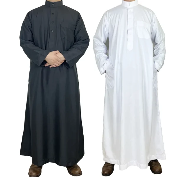 Polyester Muslim Men's Robes Qatar Stand Collar Robe Pocket Design Arab Middle Eastern Menswear Muslim Fashion Arabic