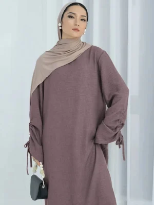 Eid Islamic Modest Dress for Women Abaya Lace-up Sleeve Morocco Casual Ramadan Vestidos Prayer Kaftan Dubai Muslim Long Robe - Mocha Color, L