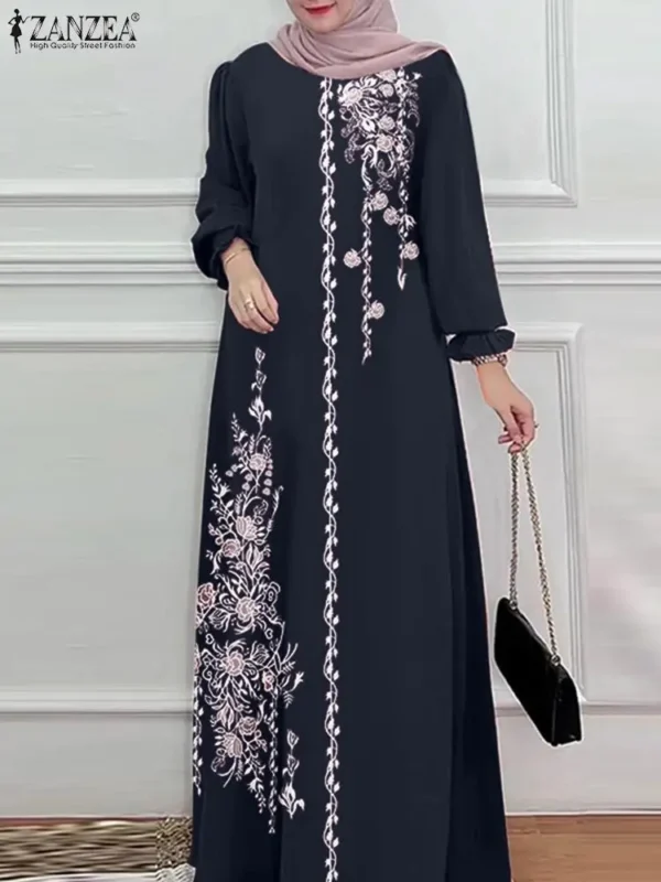 ZANZEA Long Sleeve Islamic Long Robes Abaya Women Muslim Fashion O Neck Casual Vestidos Loose Turkey Floral Printing Maxi Dress